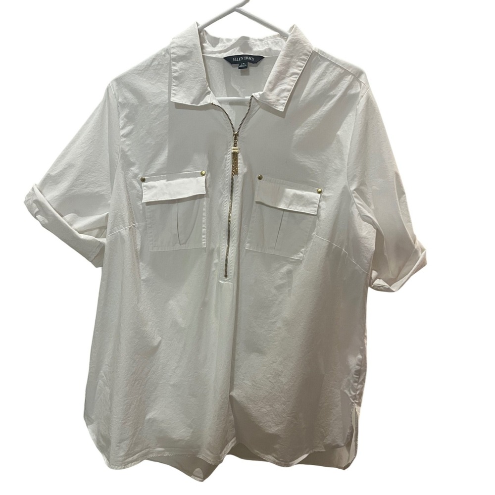 Ellen Tracy Womens White Half Zip Utility  Plus Size 1X Short Sleeve Cotton